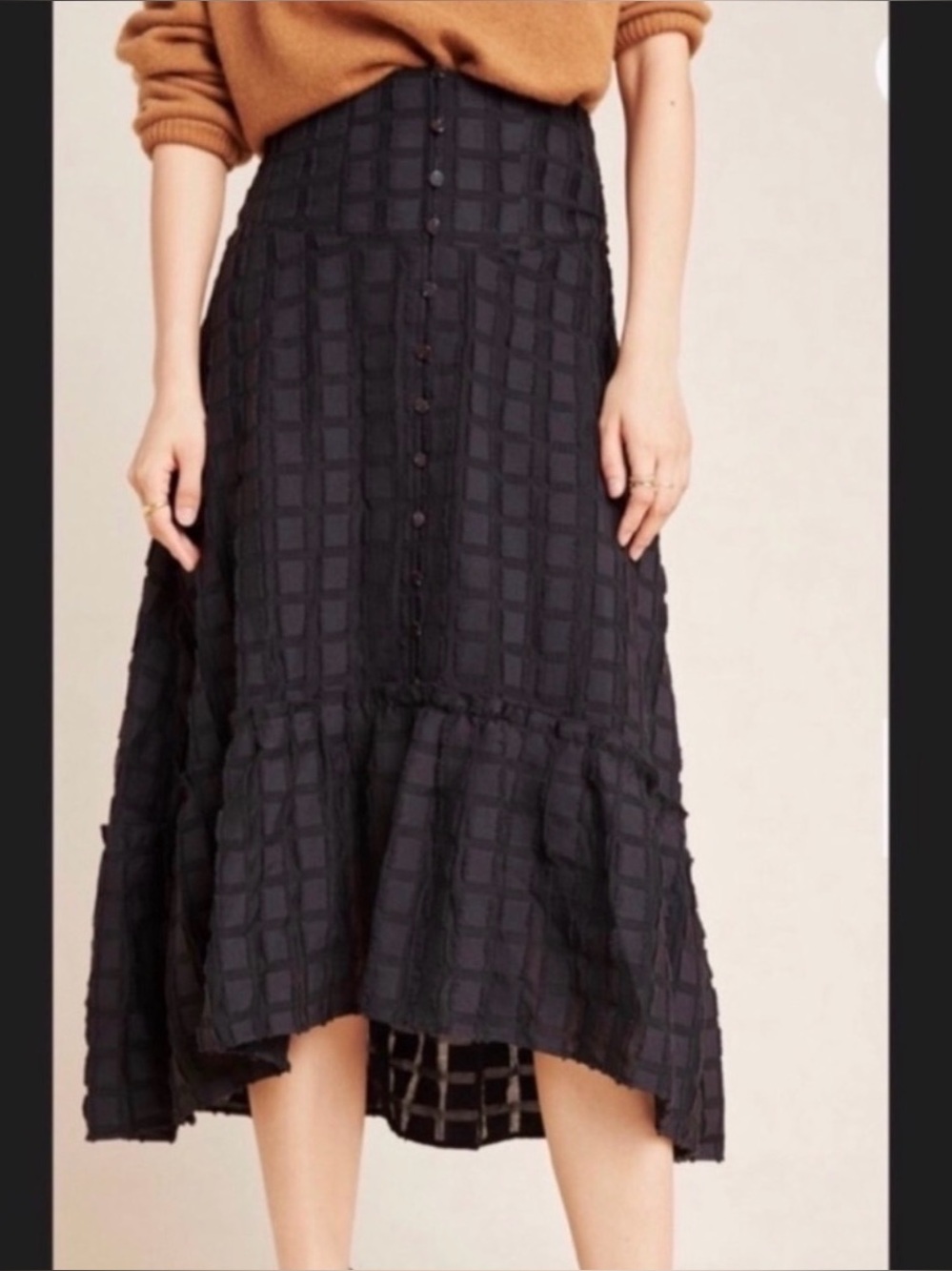 Maeve Anthropologie Black Grid Textured Button Front High Low Midi Skirt Size 2